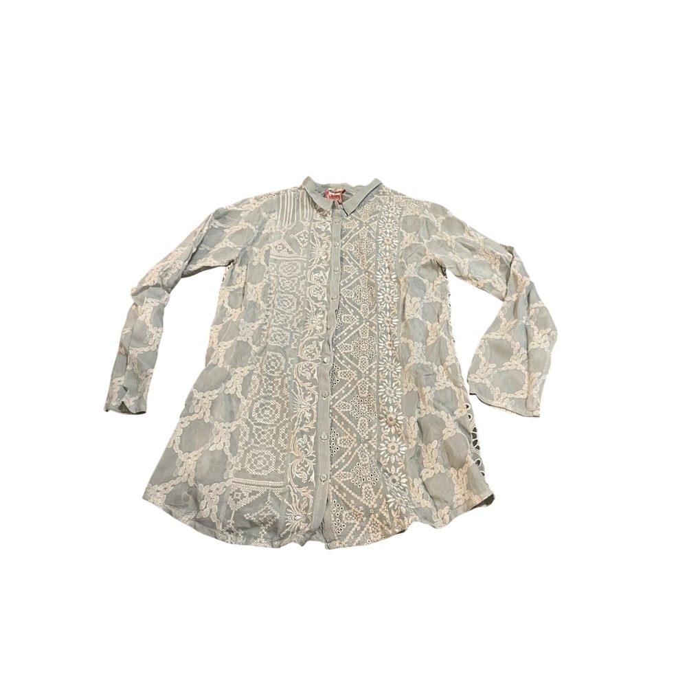 Johnny Was Pale Green Long Sleeve Floral Eyelet Embroidery Button Up Blouse I05
